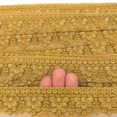 Brown Net Lace Trim With Floral Embroidery And Gold Sequins, Sequinned Trim, Wedding Trim Bridal Trim